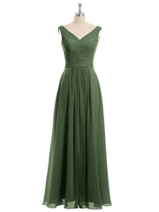 V-neck Chiffon Long Dress of Bridesmaids Olive Green