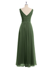 V-neck Chiffon Long Dress of Bridesmaids Olive Green