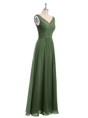 V-neck Chiffon Long Dress of Bridesmaids Olive Green