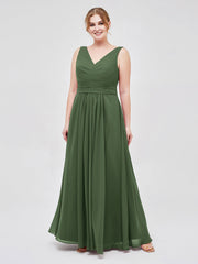 V-neck Chiffon Long Dress of Bridesmaids Olive Green
