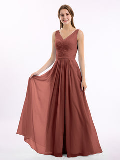 V-neck Chiffon Long Dress of Bridesmaids Terracotta