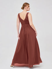 V-neck Chiffon Long Dress of Bridesmaids Terracotta