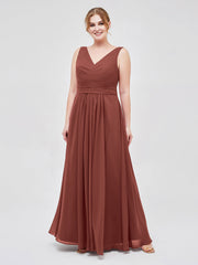 V-neck Chiffon Long Dress of Bridesmaids Terracotta