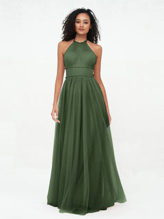 Illusion Halter Tulle Maxi Boho Dresses-Olive Green