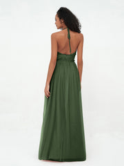 Illusion Halter Tulle Maxi Boho Dresses-Olive Green Plus Size