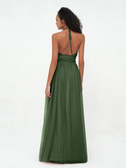 Illusion Halter Tulle Maxi Boho Dresses-Olive Green