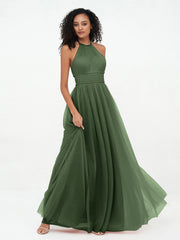 Illusion Halter Tulle Maxi Boho Dresses-Olive Green Plus Size