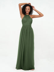 Illusion Halter Tulle Maxi Boho Dresses-Olive Green