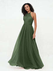 Illusion Halter Tulle Maxi Boho Dresses-Olive Green