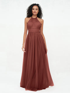 Illusion Halter Tulle Maxi Boho Dresses-Terracotta