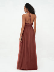 Illusion Halter Tulle Maxi Boho Dresses-Terracotta Plus Size