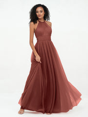 Illusion Halter Tulle Maxi Boho Dresses-Terracotta