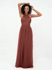 Illusion Halter Tulle Maxi Boho Dresses-Terracotta Plus Size
