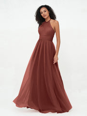 Illusion Halter Tulle Maxi Boho Dresses-Terracotta Plus Size