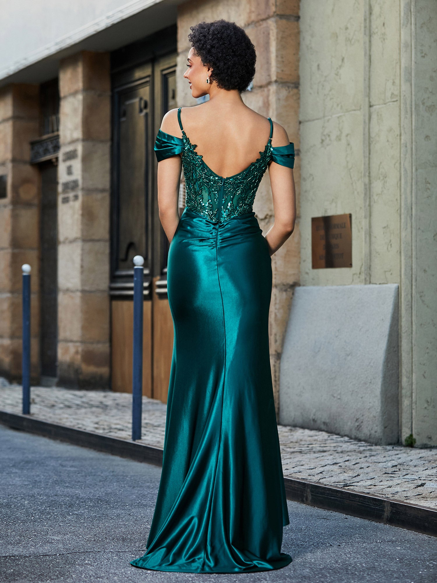 Off-the-Shoulder Beaded  Sheer Top Slim Fit Long Gown with Thigh Slit Dark Green