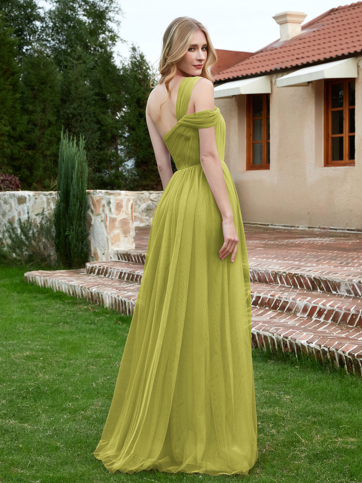 One Shoulder Tulle Long Bridesmaid Dresses Flamingo main image 0