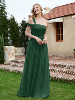 One Shoulder Tulle Long Bridesmaid Gown Dark Green