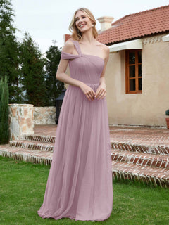 One Shoulder Tulle Long Bridesmaid Gown Dusk