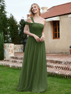 One Shoulder Tulle Long Bridesmaid Gown Moss