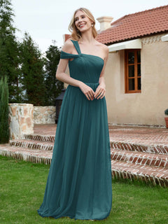 One Shoulder Tulle Long Bridesmaid Gown Peacock