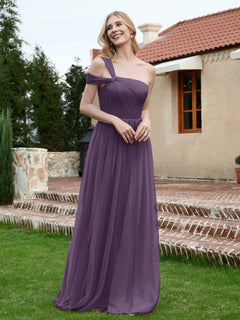 One Shoulder Tulle Long Bridesmaid Gown Plum