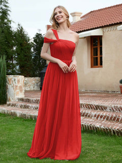 One Shoulder Tulle Long Bridesmaid Gown Red