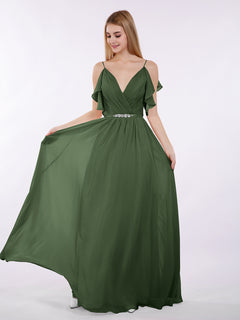 Spaghetti Strap Chiffon Dress with V-neck-Olive Green