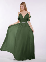 Spaghetti Strap Chiffon Dress with V-neck-Olive Green Plus Size