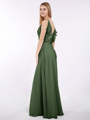 Spaghetti Strap Chiffon Dress with V-neck-Olive Green Plus Size