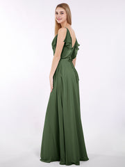 Spaghetti Strap Chiffon Dress with V-neck-Olive Green