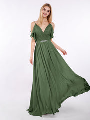 Spaghetti Strap Chiffon Dress with V-neck-Olive Green