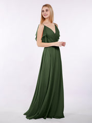 Spaghetti Strap Chiffon Dress with V-neck-Olive Green