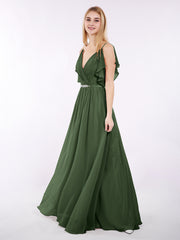 Spaghetti Strap Chiffon Dress with V-neck-Olive Green