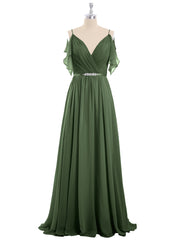 Spaghetti Strap Chiffon Dress with V-neck-Olive Green