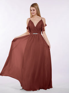 Spaghetti Strap Chiffon Dress with V-neck-Terracotta