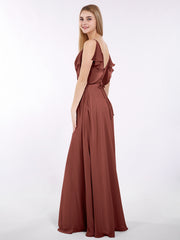 Spaghetti Strap Chiffon Dress with V-neck-Terracotta Plus Size