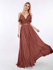 Spaghetti Strap Chiffon Dress with V-neck-Terracotta Plus Size