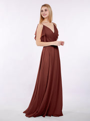 Spaghetti Strap Chiffon Dress with V-neck-Terracotta