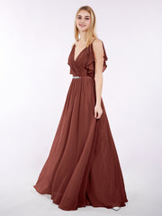 Spaghetti Strap Chiffon Dress with V-neck-Terracotta Plus Size