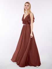 Spaghetti Strap Chiffon Dress with V-neck-Terracotta