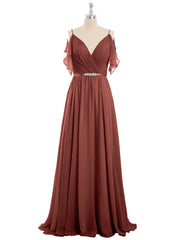 Spaghetti Strap Chiffon Dress with V-neck-Terracotta