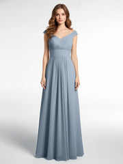 Off shoulder V-neck Maxi Dress with Pockets-Dusty Blue