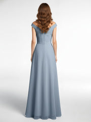 Off shoulder V-neck Maxi Dress with Pockets-Dusty Blue