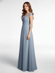 Off shoulder V-neck Maxi Dress with Pockets-Dusty Blue