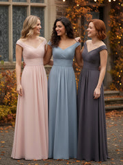 Off shoulder V-neck Maxi Dress with Pockets-Dusty Blue