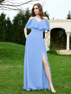 Floor-length V-neck Ruffles Chiffon A-line Dress Blue
