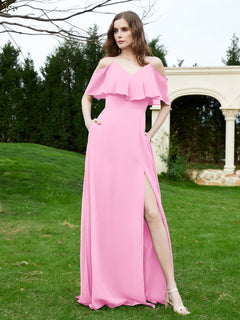 Floor-length V-neck Ruffles Chiffon A-line Dress Candy Pink