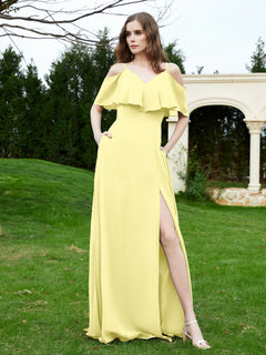 Floor-length V-neck Ruffles Chiffon A-line Dress Daffodil