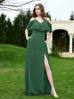 Floor-length V-neck Ruffles Chiffon A-line Dress Dark Green