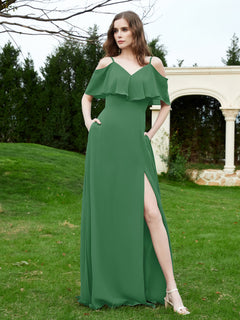Floor-length V-neck Ruffles Chiffon A-line Dress Emerald